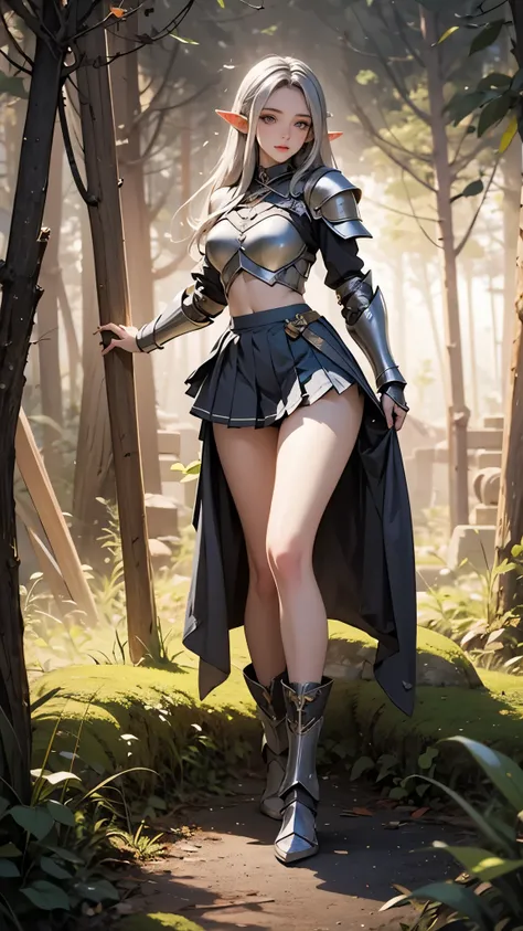 Sensual 24 years old, female Elf healer , beautiful narrow eyes, long silver hair, (extremely detailed ancient magic dress, detailed intricate patterned, with intricate magic enchanted light armor , underboobs:0.1), ((extremely detailed ancient light metal...