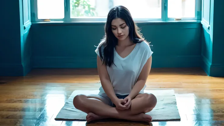 A calm and peaceful young woman sitting on the floor by a large window with soft daylight, eyes closed, meditating or practicing mindfulness, minimalistic home interior, cozy and bright atmosphere, concept of mental health, self-care, emotional wellbeing, ...