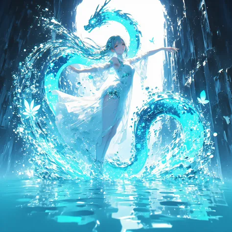 cowboy shot、A crystal cave hidden behind a majestic waterfall, wrapped in soft pale white light from above、A shining wall. beautiful with pale blue skin and long hair A young woman, and her finely woven pale blue hair dances gracefully with a transparent f...