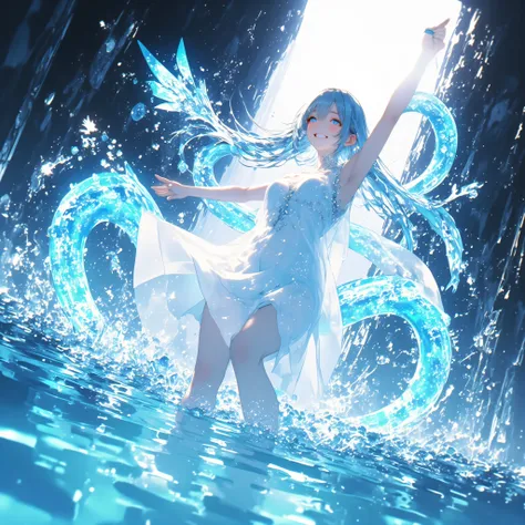 cowboy shot、A crystal cave hidden behind a majestic waterfall, wrapped in soft pale white light from above、A shining wall. beautiful with pale blue skin and long hair A young woman, and her finely woven pale blue hair dances gracefully with a transparent f...
