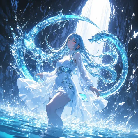 cowboy shot、A crystal cave hidden behind a majestic waterfall, wrapped in soft pale white light from above、A shining wall. beautiful with pale blue skin and long hair A young woman, and her finely woven pale blue hair dances gracefully with a transparent f...