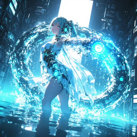 cowboy shot、A crystal cave hidden behind a majestic waterfall, wrapped in soft pale white light from above、A shining wall. her curvy body extends her arms gracefully, and彼女の細かく編まれた淡い青色の髪は、dancing gracefully with a transparent flowing dress. simply captivat...