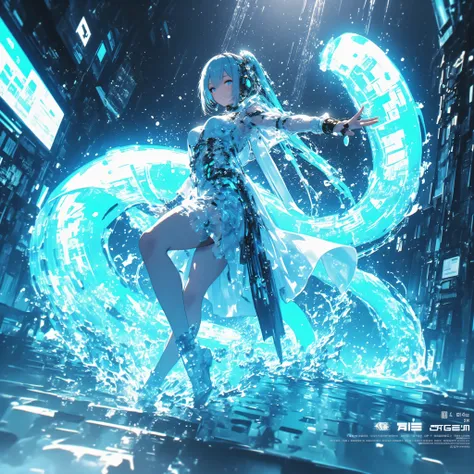 cowboy shot、A crystal cave hidden behind a majestic waterfall, wrapped in soft pale white light from above、A shining wall. her curvy body extends her arms gracefully, and彼女の細かく編まれた淡い青色の髪は、dancing gracefully with a transparent flowing dress. simply captivat...