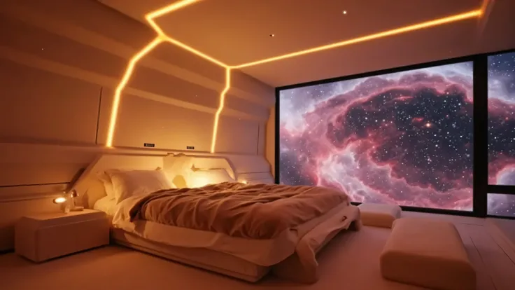 nebula,Scifi_Interior_Space,A cozy space bedroom aboard a futuristic spaceship. Warm, ambient lighting in soft orange and golden tones. A large, plush bed with fluffy pillows and a thick blanket. Floor-to-ceiling panoramic windows revealing a breathtaking ...