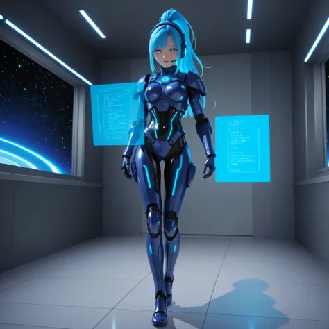 Anime-style SF comedy scene, ３D, Cool cybernetic Japanese female warrior（and she's usually calm and calm）, Her design is a sophisticated blue fluorescent high-tech tactical armor,  Detailed Blue Eyes ,blue glowing holographic line accent, and半透明のデータストリームが彼...