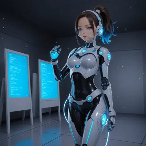 Anime-style SF comedy scene, ３D, Cool cybernetic Japanese female warrior（and she's usually calm and calm）, Her design is a sophisticated blue fluorescent high-tech tactical armor,  Detailed Blue Eyes ,blue glowing holographic line accent, and半透明のデータストリームが彼...