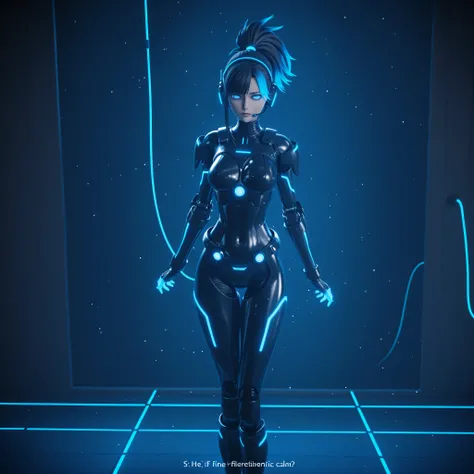 Anime-style SF comedy scene, ３D, Cool cybernetic Japanese female warrior（and she's usually calm and calm）, Her design is a sophisticated blue fluorescent high-tech tactical armor,  Detailed Blue Eyes ,blue glowing holographic line accent, and半透明のデータストリームが彼...