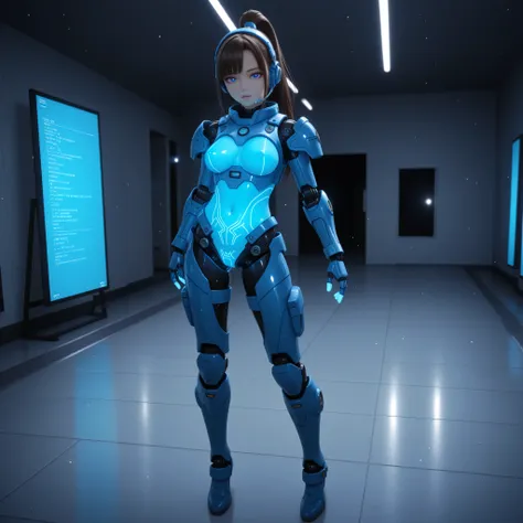 Anime-style SF comedy scene, ３D, Cool cybernetic Japanese female warrior（and she's usually calm and calm）, Her design is a sophisticated blue fluorescent high-tech tactical armor,  Detailed Blue Eyes ,blue glowing holographic line accent, and半透明のデータストリームが彼...