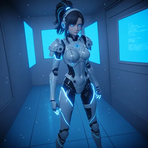Anime-style SF comedy scene, ３D, Cool cybernetic Japanese female warrior（and she's usually calm and calm）, Her design is a sophisticated blue fluorescent high-tech tactical armor,  Detailed Blue Eyes ,blue glowing holographic line accent, and半透明のデータストリームが彼...