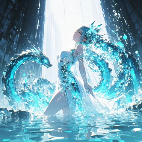 cowboy shot、A crystal cave hidden behind a majestic waterfall, wrapped in soft pale white light from above、A shining wall. beautiful with pale blue skin and long hair A young woman, and her finely woven pale blue hair dances gracefully with a transparent f...