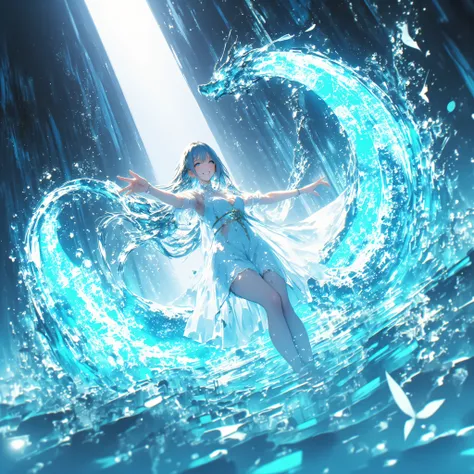 cowboy shot、A crystal cave hidden behind a majestic waterfall, wrapped in soft pale white light from above、A shining wall. beautiful with pale blue skin and long hair A young woman, and her finely woven pale blue hair dances gracefully with a transparent f...