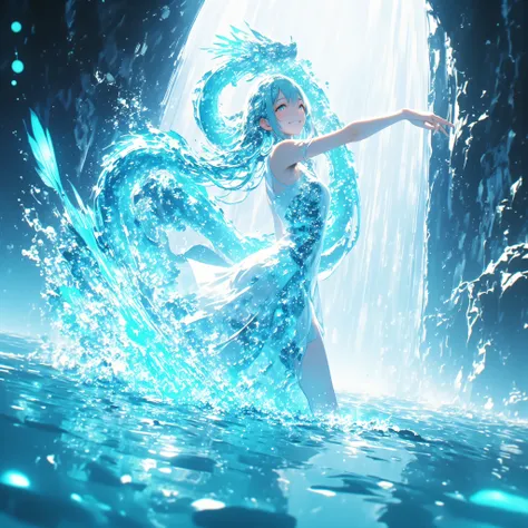 cowboy shot、A crystal cave hidden behind a majestic waterfall, wrapped in soft pale white light from above、A shining wall. beautiful with pale blue skin and long hair A young woman, and her finely woven pale blue hair dances gracefully with a transparent f...