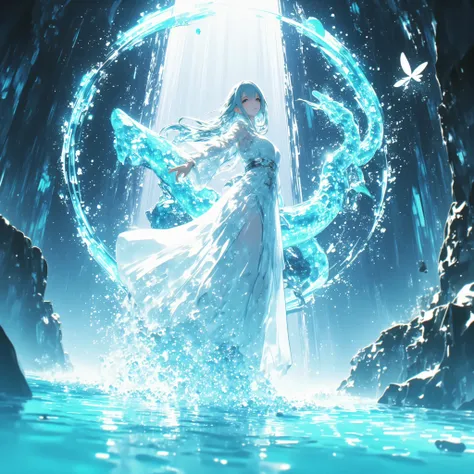 cowboy shot、A crystal cave hidden behind a majestic waterfall, wrapped in soft pale white light from above、A shining wall. beautiful with pale blue skin and long hair A young woman, and her finely woven pale blue hair dances gracefully with a transparent f...