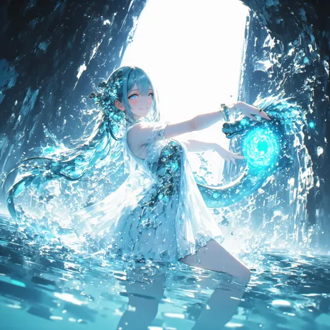 cowboy shot、A crystal cave hidden behind a majestic waterfall, wrapped in soft pale white light from above、A shining wall. beautiful with pale blue skin and long hair A young woman, and her finely woven pale blue hair dances gracefully with a transparent f...