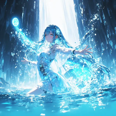 cowboy shot、A crystal cave hidden behind a majestic waterfall, wrapped in soft pale white light from above、A shining wall. beautiful with pale blue skin and long hair A young woman, and her finely woven pale blue hair dances gracefully with a transparent f...