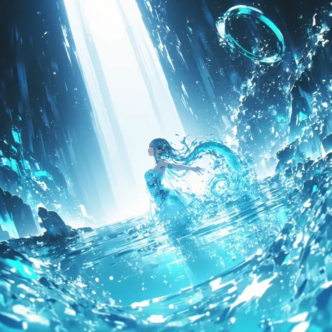 cowboy shot、A crystal cave hidden behind a majestic waterfall, wrapped in soft pale white light from above、A shining wall. beautiful with pale blue skin and long hair A young woman, and her finely woven pale blue hair dances gracefully with a transparent f...