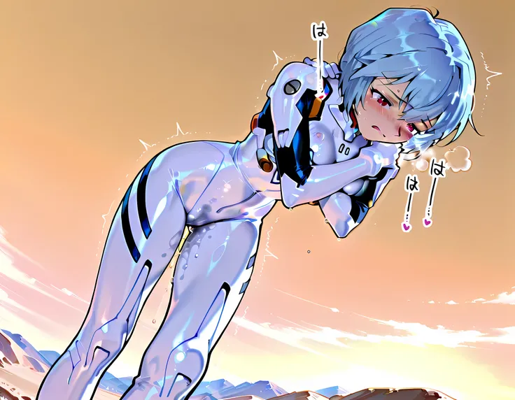 solo,from below, evangelion anime style, anime screencap, White plugsuit, skintight, tight fit, small , Rei Ayanami, red eyes, blue hair, Short hair, cute face, lovely face, white-skinned pretty girl, Short stature, Covered in sweat, Mass sweat, Sweating p...