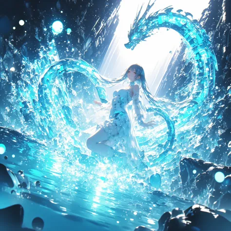 cowboy shot、A crystal cave hidden behind a majestic waterfall, wrapped in soft pale white light from above、A shining wall. beautiful with pale blue skin and long hair A young woman, and her finely woven pale blue hair dances gracefully with a transparent f...