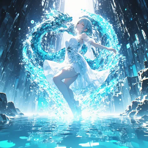cowboy shot、A crystal cave hidden behind a majestic waterfall, wrapped in soft pale white light from above、A shining wall. beautiful with pale blue skin and long hair A young woman, and her finely woven pale blue hair dances gracefully with a transparent f...