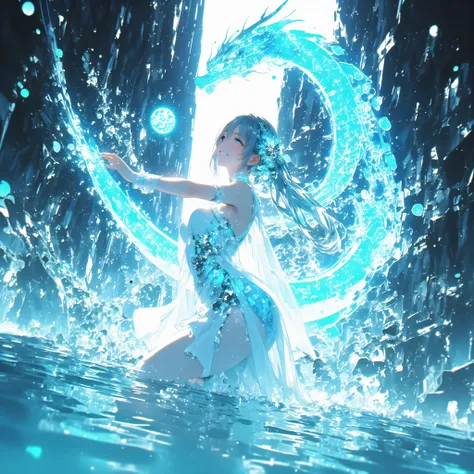 cowboy shot、A crystal cave hidden behind a majestic waterfall, wrapped in soft pale white light from above、A shining wall. beautiful with pale blue skin and long hair A young woman, and her finely woven pale blue hair dances gracefully with a transparent f...