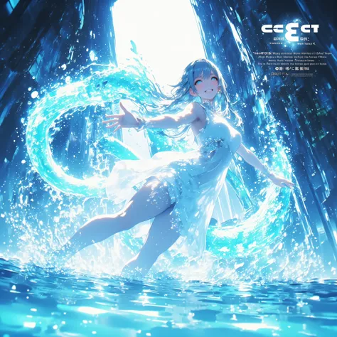 cowboy shot、A crystal cave hidden behind a majestic waterfall, wrapped in soft pale white light from above、A shining wall. beautiful with pale blue skin and long hair A young woman, and her finely woven pale blue hair dances gracefully with a transparent f...