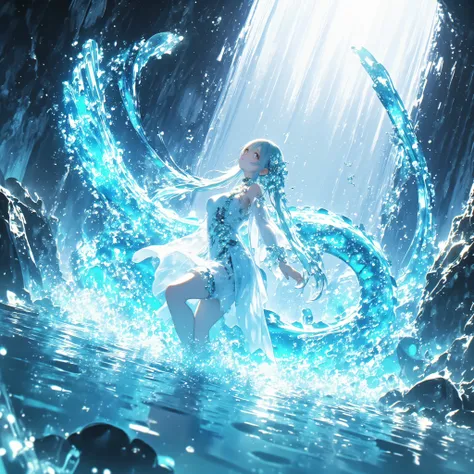 cowboy shot、A crystal cave hidden behind a majestic waterfall, wrapped in soft pale white light from above、A shining wall. beautiful with pale blue skin and long hair A young woman, and her finely woven pale blue hair dances gracefully with a transparent f...