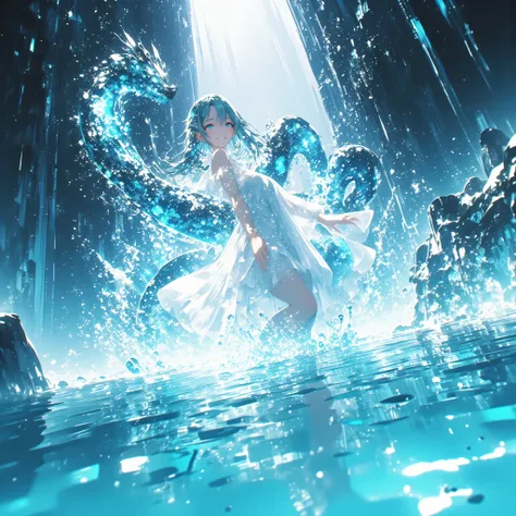 cowboy shot、A crystal cave hidden behind a majestic waterfall, wrapped in soft pale white light from above、A shining wall. beautiful with pale blue skin and long hair A young woman, and her finely woven pale blue hair dances gracefully with a transparent f...
