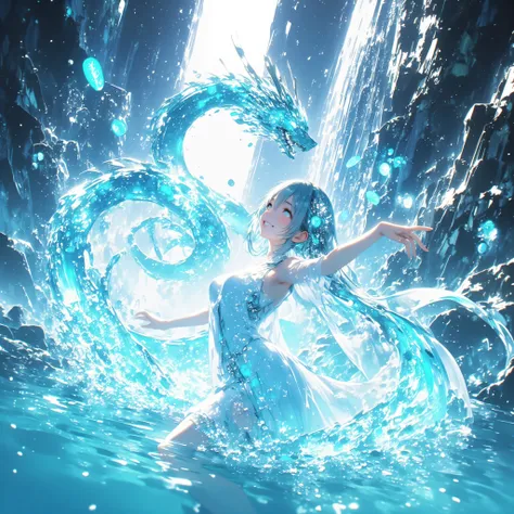cowboy shot、A crystal cave hidden behind a majestic waterfall, wrapped in soft pale white light from above、A shining wall. beautiful with pale blue skin and long hair A young woman, and her finely woven pale blue hair dances gracefully with a transparent f...