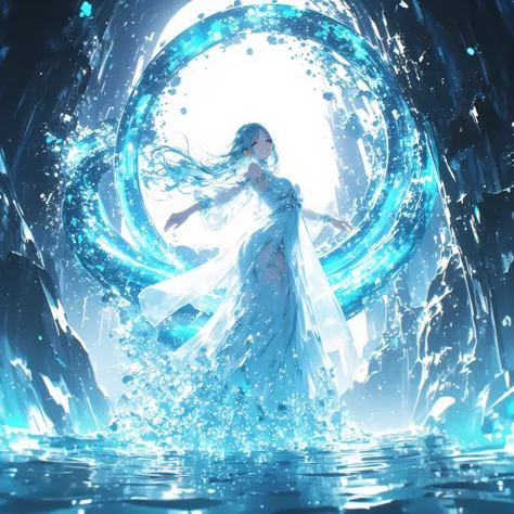 cowboy shot、A crystal cave hidden behind a majestic waterfall, wrapped in soft pale white light from above、A shining wall. beautiful with pale blue skin and long hair A young woman, and her finely woven pale blue hair dances gracefully with a transparent f...