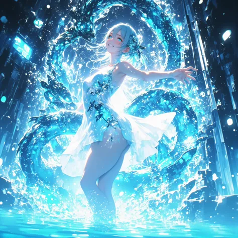 cowboy shot、A crystal cave hidden behind a majestic waterfall, wrapped in soft pale white light from above、A shining wall. beautiful with pale blue skin and long hair A young woman, and her finely woven pale blue hair dances gracefully with a transparent f...