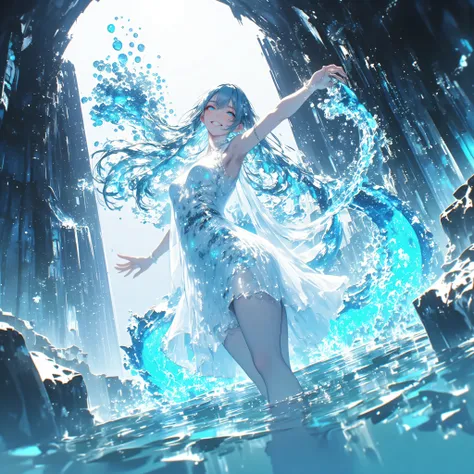 cowboy shot、A crystal cave hidden behind a majestic waterfall, wrapped in soft pale white light from above、A shining wall. beautiful with pale blue skin and long hair A young woman, and her finely woven pale blue hair dances gracefully with a transparent f...