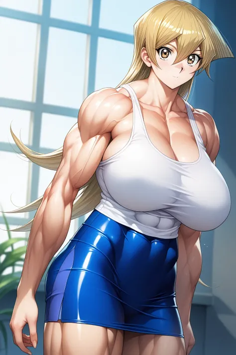 score 9 , score 8 up, score 7 up, source anime, 傑作, best quality, best resolution, best image quality, 1woman, Close-up of a woman with long blonde hair, muscular and strong, hair between eyes, brown eyed woman, solo, クラシック woman, huge breasts, strong musc...