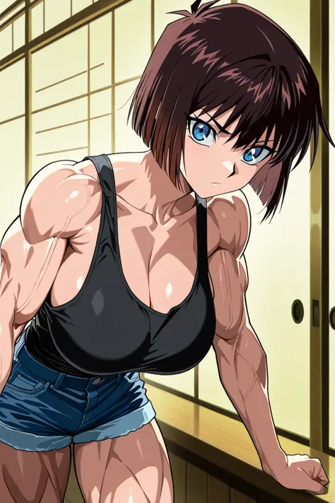 score 9 , score 8 up, score 7 up, source anime, 傑作, best quality, best resolution, best image quality, amazing quality, anime coloring, anime screencap, anime screenshot, 1woman, Close-up of a woman with short brown hair, muscular and strong, bobcut, blue ...