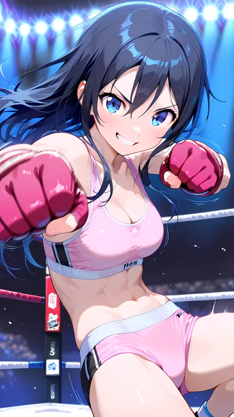 ayase aragaki, long hair, blue eyes, black hair, solo, pink and white sports bra, pink and white boy leg cut spats, pink fingerless gloves, cleavage, medium breast, (slim body:1.2), well-toned body, serious grin, looking at viewer, Detailed eyes, Detailed ...