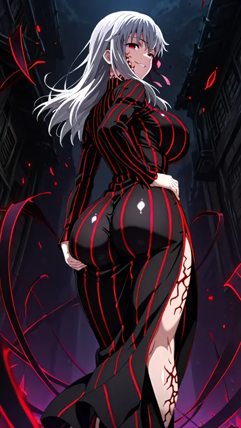 1girl, solo, ,matou sakura , Dark Persona , corruption, striped dress, Black Dress, Turtleneck, gray hair, Red Eyes, , ,ufotable style, ufotable anime.big breasts、big ass、straight long hair,high resolution, masterpiece, necessary, detail, best quality, qua...