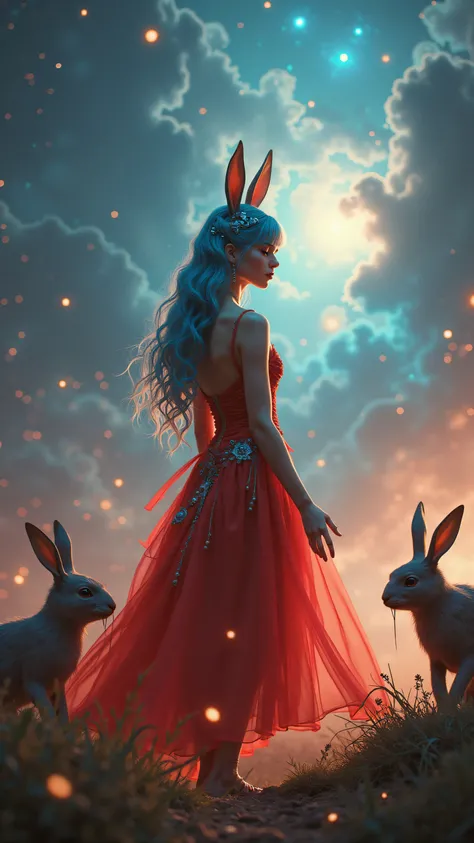 highdefinition images,Star Princess、lost in a space like an illusion 赤い dress with 青いhair ornaments、Looking for a way out with a何人ものsoldier of rabbits