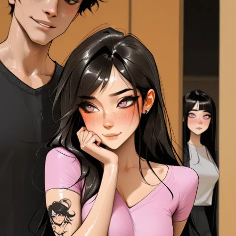masterpiece, best quality, very aesthetic, movie quality, depth of field, soft saturation, focused subject, ,official style, shiny skin,1girl, long hair, long black hair, pastel pink_eyes, swept bangs, tattoos, feline eyeliner, e-girl, slender body,, (M1lk...
