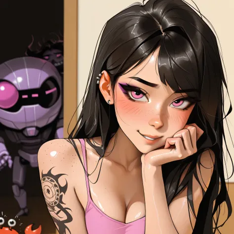 masterpiece, best quality, very aesthetic, movie quality, depth of field, soft saturation, focused subject, ,official style, shiny skin,1girl, long hair, long black hair, pastel pink_eyes, swept bangs, tattoos, feline eyeliner, e-girl, slender body,, (M1lk...
