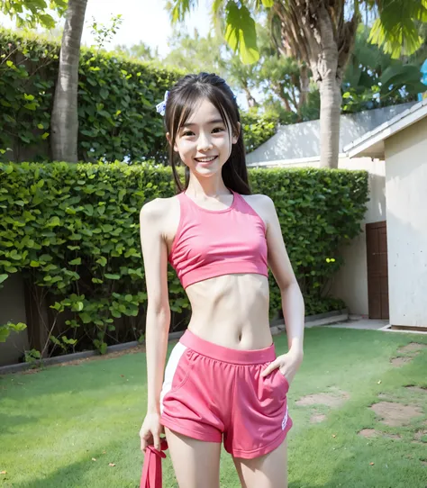 Laotian teenage gymnast, 1 girl, Age 20,(very slim anorexic slender skinny body:0.6); skinny,small (130cm),smile