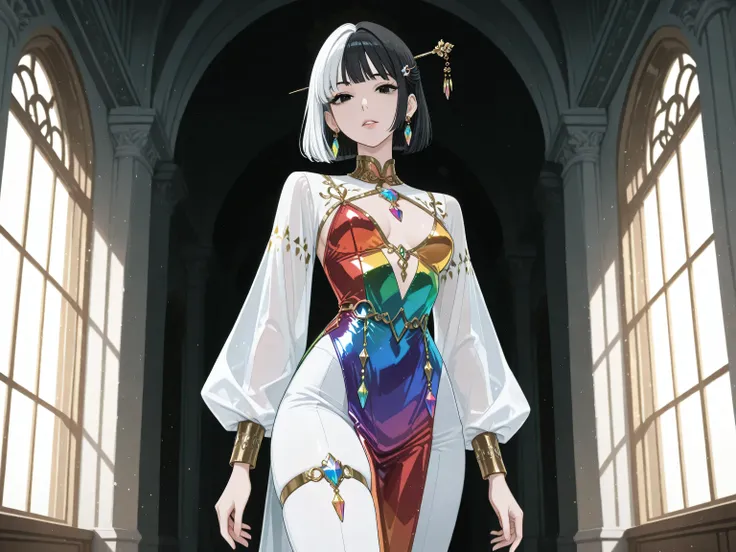 1girl,best quality, amazing quality cowboy shot, simple background,((outlined outlined vector graphics)),
20yo, black hair, black eyes, short bob hair, hair pin,small breast, slender,(white thigh strap:1.1), 
 front view ,  looking at viewer ,
  looking at...