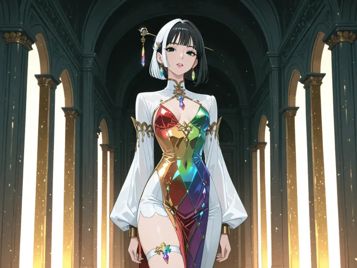 1girl,best quality, amazing quality cowboy shot, simple background,((outlined outlined vector graphics)),
20yo, black hair, black eyes, short bob hair, hair pin,small breast, slender,(white thigh strap:1.1), 
 front view ,  looking at viewer ,
  looking at...