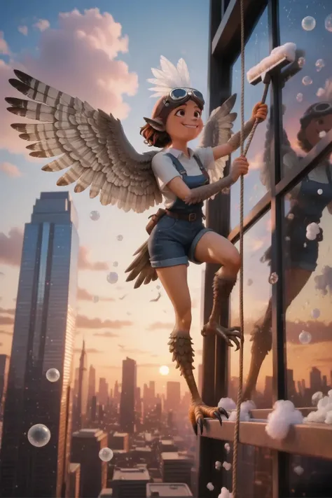 A female bird with feathered skin and two huge white and gray wings growing from the waist and small feathered wings instead of ears on her head. The girl's legs are completely bird-like. Pronounced birds' claws on her legs. She pushes her feet off the sky...