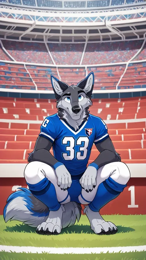 American football stadium background, blue eye, Reflections, full body, Anthropomorphic, Adult Wolf, without humans, by ango76 , Masterpiece, better quality,very aesthetic, newest, anthropoid, mammal, a child, Clothes, Alone, byry, byry Macho, sexis...