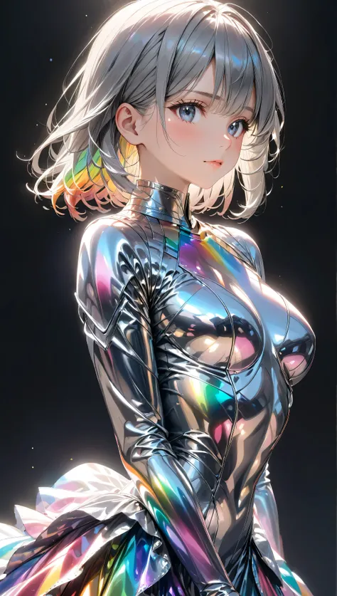 Totally Anatomically Accurate、portrait of a young woman's upper body、solo、Also々 - face like、detailed expressions、Ash gray bob、shiny hair、hair seen through lighting、Gradated Hair、wolf cut hair、dress made of silver metallic foil、 Rainbow Colored Dress 、Wrink...