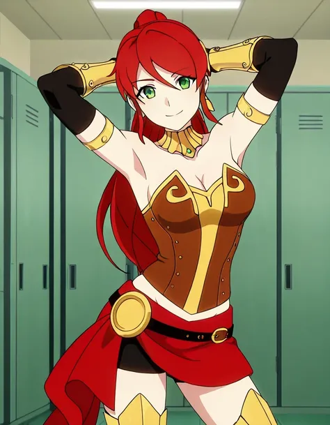 PyrrhaNik0s, 1girl, red hair, long hair, ponytail, green eyes, athletic female,
PyrrhaHuntress, bracers, elbow gloves, anime screencap, high quality, solo, cowboy shot, (contrapposto), hands behind head, closed mouth, dorm room, alone, looking at viewer, ...