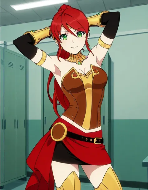 PyrrhaNik0s, 1girl, red hair, long hair, ponytail, green eyes, athletic female,
PyrrhaHuntress, bracers, elbow gloves, anime screencap, high quality, solo, cowboy shot, (contrapposto), hands behind head, closed mouth, dorm room, alone, looking at viewer, ...