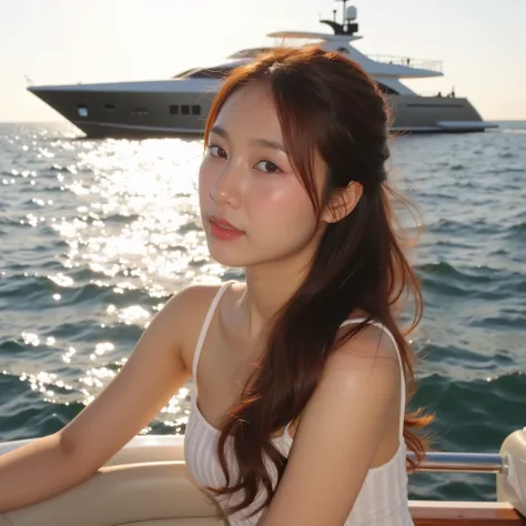 A beautiful girl against the background of the sea and a yacht