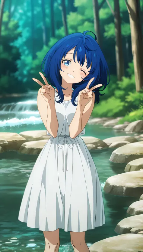 anime screencap, masterpiece, best quality,

1girl, solo, teeth, smile, blush, double v, one eye closed, head tilt,
long hair, blue hair, blue eyes, ahoge,
AnnaDress, sleeveless dress, white dress, waist ribbon,
standing, looking at viewer,
blurry backgrou...