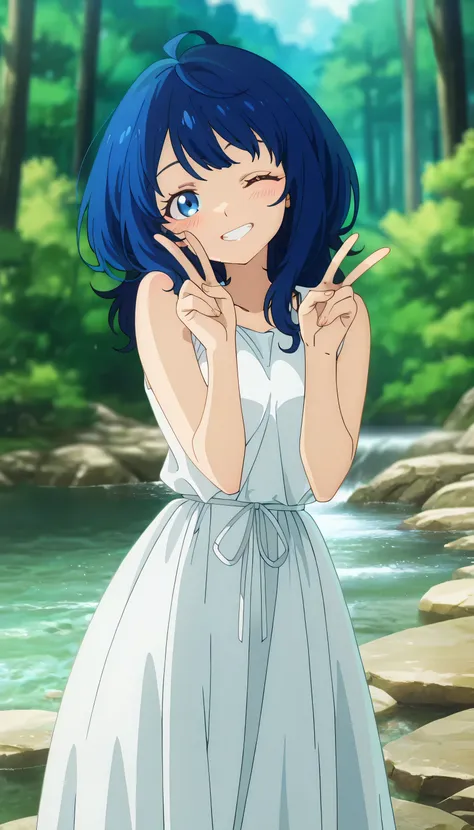 anime screencap, masterpiece, best quality,

1girl, solo, teeth, smile, blush, double v, one eye closed, head tilt,
long hair, blue hair, blue eyes, ahoge,
AnnaDress, sleeveless dress, white dress, waist ribbon,
standing, looking at viewer,
blurry backgrou...