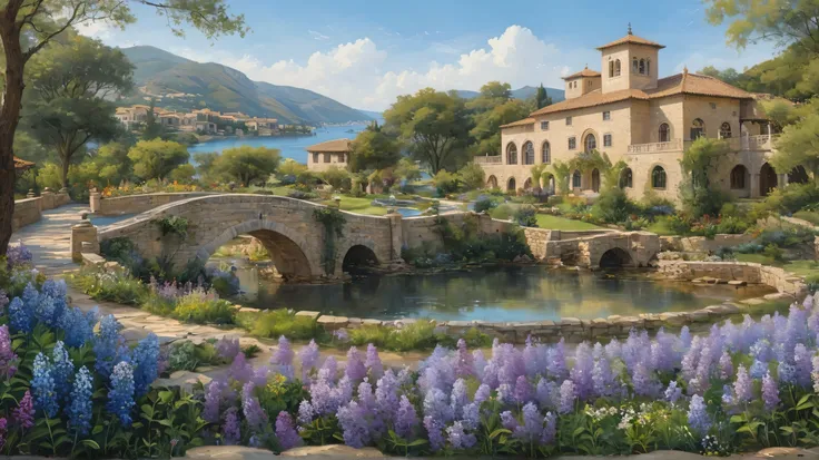 A sea of blue wildflowers drawn with realistic, clear digital paint、Lilacs and creeks、elegant Spanish luxury villa on the lakeside、arched temple cloisters and stone buildings、Bridge over a stream、green gardens surround the house